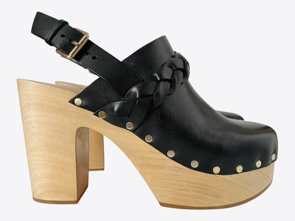 Loeffler Randall Paxton Mules Black Leather Braided Platform Clogs Size 7
